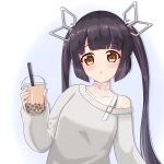  1girl absurdres aitsugawa_rui alternate_costume bangs black_hair blunt_bangs blush breasts bubble_tea commentary_request cup demon_girl demon_horns drinking_straw drop_shadow eyebrows_visible_through_hair grey_sweater highres holding holding_cup horns kojo_anna lace long_hair looking_at_viewer medium_breasts multicolored_hair open_mouth pointy_ears purple_hair simple_background single_bare_shoulder solo sugar_lyric sweater twintails two-tone_hair upper_body virtual_youtuber white_background yellow_eyes 