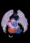  1boy absurdres angel_wings ankle_boots black_hair blue_footwear blue_sash blue_wristband boots closed_eyes closed_mouth dark_background dot_nose dougi dragon_ball dragon_ball_super dragon_ball_z feathered_wings feathers fingernails floating full_body glowing halo happy head_tilt highres kodama_(marugoto_omikan) light_smile male_focus muscular obi object_hug sash short_sleeves simple_background son_goku sparkle spiky_hair symbol-only_commentary white_wings wings wristband 