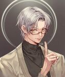  1boy black_shirt brown_background brown_jacket closed_mouth forehead glasses highres jacket jewelry lips long_sleeves looking_at_viewer mole mole_under_eye necklace noni_(user_acyt3354) shirt short_hair smile solo tears_of_themis turtleneck vyn_richter_(tears_of_themis) white_hair yellow_eyes 