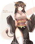  1girl :d absurdres animal_ears bangs bell black_hair black_kimono black_sleeves blush breasts brown_sweater chinese_zodiac commentary_request cow_ears cow_girl cow_horns cow_tail detached_sleeves english_text eyebrows_visible_through_hair hair_between_eyes hand_on_hip highres horns japanese_clothes kimono large_breasts long_hair long_sleeves looking_at_viewer mole mole_on_thigh mole_under_eye non_(wednesday-classic) obi original personification ribbed_sweater ribbon-trimmed_sleeves ribbon_trim sash simple_background sleeveless sleeveless_turtleneck smile solo sweater tail thigh-highs turtleneck turtleneck_sweater violet_eyes white_background white_legwear wide_sleeves year_of_the_ox 