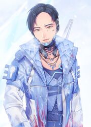  apex_legends black_hair blood blood_on_clothes blue_jacket blue_shirt blue_vest collarbone crypto_(apex_legends) green_eyes head_tilt highres jacket jewelry looking_at_viewer momoirone necklace parted_hair shirt smile snowflakes undercut upper_body vest 