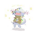  blush christmas_lights clothed_pokemon english_commentary euphie_vt jumping no_humans open_mouth pokemon pokemon_(creature) shadow smile sparkle white_background wooper 