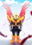  2boys absurdres angry back-to-back beard blue_eyes blue_sky bodysuit boku_no_hero_academia boots burn_scar clenched_hands clouds costume endeavor_(boku_no_hero_academia) facial_hair facing_viewer feathered_wings fire frown gimjaban_24 hawks_(boku_no_hero_academia) highres light_rays male_focus mature_male multiple_boys muscular muscular_male red_feathers redhead scar scar_on_cheek scar_on_face short_hair skin_tight sky solo_focus special_moves spiky_hair standing sunbeam sunlight very_short_hair wings 