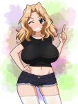  1girl black_shirt blonde_hair blue_eyes blue_shorts breasts covered_nipples cowboy_shot cutoffs denim denim_shorts eyebrows_visible_through_hair girls_und_panzer gogopaint grin groin hair_intakes hand_on_hip highres huge_breasts index_finger_raised kay_(girls_und_panzer) looking_at_viewer medium_hair midriff multicolored_background one_eye_closed shirt short_shorts short_sleeves shorts skindentation smile solo standing t-shirt thigh-highs white_legwear 