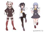  3girls amatsukaze_(kancolle) bangs black_hair black_legwear blue_hair blue_sailor_collar blunt_bangs bow bowtie brown_dress brown_eyes brown_neckerchief clothes_lift dress dress_lift full_body gloves grey_eyes grey_skirt grey_vest hair_tubes hands_on_hips hatsukaze_(kancolle) jumping kantai_collection loafers long_hair lowleg lowleg_pantyhose multiple_girls neckerchief panties panties_under_pantyhose pantyhose pleated_skirt red_legwear sailor_collar sailor_dress school_uniform shirt shoes short_dress short_hair short_hair_with_long_locks side-tie_panties sidelocks silver_hair simple_background skirt someno_haru thigh-highs tokitsukaze_(kancolle) twitter_username two_side_up underwear vest white_background white_gloves white_sailor_collar white_shirt windsock yellow_bow yellow_bowtie yellow_neckerchief 