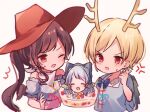  anger_vein antlers blonde_hair blue_hair brown_hair cake closed_eyes commentary_request double_v food fork green_headwear haniyasushin_keiki hat head_scarf holding holding_fork kicchou_yachie kurokoma_saki long_hair magatama magatama_necklace moshihimechan one_eye_closed open_mouth ponytail red_eyes short_hair simple_background sweatdrop touhou v white_background wince 