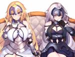  2girls armor armored_boots armored_dress banner black_legwear blonde_hair blue_eyes boots breasts cleavage dress dutch_angle eyebrows_visible_through_hair fate/apocrypha fate/grand_order fate_(series) floating_hair flower fur_trim gauntlets highres jeanne_d&#039;arc_(alter)_(fate) jeanne_d&#039;arc_(fate) jeanne_d&#039;arc_(fate)_(all) lens_flare long_hair looking_back medium_breasts multiple_girls ninoude sheath silver_hair sleeveless sleeveless_dress smile standing thigh-highs very_long_hair white_dress white_flower yellow_eyes 