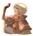  1boy blonde_hair brown_capelet brown_eyes brown_gloves cape capelet commentary_request gloves horns looking_up male_focus misuguu open_mouth ragnarok_online red_shirt shirt short_hair simple_background single_horn solo sunlight upper_body white_background white_cape wizard_(ragnarok_online) 