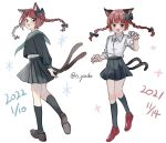 1girl :3 absurdres alternate_costume animal_ears black_bow black_legwear black_skirt bow braid brown_footwear cat_ears cat_tail claw_pose dated dual_persona extra_ears flat_chest green_bow highres kaenbyou_rin knees looking_back multiple_tails nekomata open_mouth pointy_ears red_eyes red_footwear redhead school_uniform serafuku shirt signature simple_background skirt slit_pupils smile solo sparkle_background tail touhou twin_braids two_tails white_background white_shirt yadoyuki 