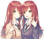  2girls absurdres beige_sweater blue_neckwear brown_eyes brown_hair collared_shirt eyebrows_visible_through_hair from_above gradient gradient_background grey_jacket hair_between_eyes hands_clasped highres idolmaster idolmaster_shiny_colors jacket long_hair looking_at_viewer multiple_girls oosaki_amana oosaki_tenka open_mouth own_hands_together plaid plaid_skirt pleated_skirt school_uniform shirt siblings sidelocks skirt standing straight_hair striped striped_neckwear sunab_umahito tachiuo_(pixiv10196946) twins white_shirt 