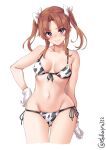  1girl animal_print bangs bikini bow breasts brown_hair collarbone cow_print cowboy_shot ebifurya eyebrows_visible_through_hair front-tie_top gloves hair_bow hand_on_hip highres kagerou_(kancolle) kantai_collection long_hair looking_at_viewer medium_breasts navel one-hour_drawing_challenge parted_bangs side-tie_bikini swimsuit twintails twitter_username violet_eyes white_background white_bow white_gloves 