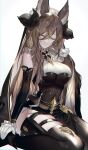  1girl animal_ears black_dress black_legwear blue_hair breasts brown_hair closed_eyes detached_sleeves dress extra_ears eyebrows_visible_through_hair frilled_sleeves frills galleon_(granblue_fantasy) gloves granblue_fantasy hair_between_eyes hand_on_own_cheek hand_on_own_face highres holster horns large_breasts light_smile multicolored_hair pointy_ears rilmok seiza sitting sleeveless sleeveless_dress streaked_hair thigh-highs thigh_holster thigh_strap wariza white_background white_gloves 