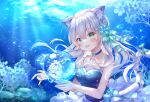  1girl :3 animal_ear_fluff animal_ears bangs bare_arms blue_dress blue_eyes bow breasts brooch cat_ears cat_tail commentary_request dappled_sunlight dress eyebrows_visible_through_hair fang flower green_eyes green_ribbon grey_hair hair_ornament hair_ribbon heterochromia highres holding jewelry looking_at_viewer medium_breasts open_mouth original ribbon sakura_moyon solo sunlight tail tail_bow tail_ornament tail_ribbon underwater upper_body white_flower 