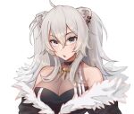  1girl :o animal_ears black_jacket breasts collarbone ear_piercing eyebrows_visible_through_hair fur_trim greatodoggo grey_eyes grey_hair hair_between_eyes hololive jacket large_breasts lion_ears lion_girl looking_at_viewer off_shoulder open_mouth piercing portrait shishiro_botan solo virtual_youtuber white_background 