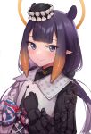  bangs black_bow black_gloves black_headwear blush bow clenched_hand dress flat_chest gloves hair_behind_ear hair_bow halo highres hololive hololive_english looking_at_viewer low_twintails mole mole_under_eye ninomae_ina&#039;nis official_alternate_costume pointy_ears purple_hair rakku_(rkrmz0n) smile tentacle_hair twintails upper_body violet_eyes virtual_youtuber white_dress 