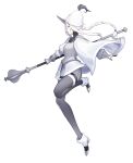  1girl armor boots braid breastplate cape full_body grey_eyes grey_legwear grey_shorts hat highres holding holding_polearm holding_weapon km_yama long_hair looking_at_viewer original pale_skin pantyhose parted_lips polearm profile shorts simple_background single_braid solo weapon white_background white_cape white_hair 