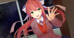  1girl brown_hair classroom curtains doki_doki_literature_club green_eyes highres long_hair looking_at_viewer monika_(doki_doki_literature_club) nryk28 open_mouth ponytail ribbon smile waving window 