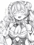  1girl :d bare_shoulders blush breasts closed_eyes double_bun facing_viewer fang flower greyscale hair_flower hair_ornament hands_up highres hololive medium_breasts momosuzu_nene monochrome nanashi_(nlo) open_mouth skin_fang smile solo upper_body wristband 