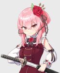  1girl black_bow bow breasts brown_eyes clothing_cutout dress eyebrows_visible_through_hair flower grey_background hair_flower hair_ornament hamh highres holding holding_sword holding_weapon katana nijisanji nijisanji_en pink_hair plant red_dress red_flower red_rose rose rosemi_lovelock sekiro:_shadows_die_twice sheath shoulder_cutout small_breasts solo sword thorns unsheathing vines virtual_youtuber weapon 