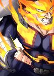  1boy 98_yvo absurdres angry beard blue_eyes bodysuit boku_no_hero_academia burn_scar clenched_teeth close-up costume endeavor_(boku_no_hero_academia) facial_hair fighting_stance fingerless_gloves fire fist_in_hand gloves highres looking_to_the_side male_focus mature_male muscular muscular_male mustache parted_lips punching redhead scar scar_on_face scar_on_mouth short_hair simple_background skin_tight solo special_moves teeth very_short_hair 