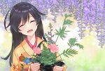  1girl ahoge bangs black_eyes black_hair closed_eyes commentary_request facing_viewer floral_print flower flower_pot girls_und_panzer head_tilt highres holding holding_pot inou_takashi isuzu_hana japanese_clothes kimono long_hair open_mouth pink_flower pot print_kimono smile solo wisteria yellow_kimono 