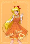  1990s_(style) 1girl aino_minako bangs bishoujo_senshi_sailor_moon blonde_hair blue_eyes bow character_name dress eyebrows_visible_through_hair feet_out_of_frame gloves hair_bow long_hair looking_at_viewer official_art one_eye_closed open_mouth orange_background orange_dress orange_theme puffy_short_sleeves puffy_sleeves retro_artstyle short_sleeves solo venus_symbol w white_gloves 