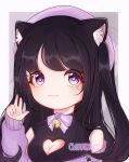  1girl animal_ear_fluff animal_ears artist_name bangs bell beret bow cat_ears cleavage_cutout clothing_cutout commission english_commentary eyebrows_behind_hair hat highres indie_virtual_youtuber kiyo_(cherricries) off_shoulder pointing pointing_up purple_bow purple_headwear purple_sweater shimotsuki_miri smile solo sweater two_side_up virtual_youtuber watermark 
