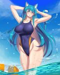  1girl absurdres animal_ears aqua_eyes black_swimsuit blue_hair blue_sky breasts cat_ears cat_tail clouds competition_swimsuit cowboy_shot danfer3 day english_commentary gradient_hair highres innertube large_breasts mixed-language_commentary multicolored_hair one-piece_swimsuit original outdoors sky soaking_feet solo spanish_commentary standing swimsuit tail wide_hips 