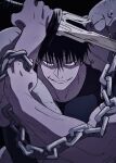  1boy 98_yvo absurdres black_background black_hair black_shirt blade chain close-up facing_viewer fushiguro_touji grin hand_on_hilt head_down highres holding jujutsu_kaisen looking_afar looking_up male_focus mature_male monochrome muscular muscular_male scar scar_on_face scar_on_mouth shirt short_hair smile special_moves sword weapon 