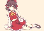  1girl ascot bangs black_footwear bobby_socks bow brown_hair closed_mouth detached_sleeves dise expressionless eyebrows_visible_through_hair frilled_bow frilled_shirt_collar frilled_skirt frills hair_bow hair_tubes hakurei_reimu mary_janes red_bow red_shirt red_skirt ribbon-trimmed_sleeves ribbon_trim shirt shoes short_hair sidelocks simple_background skirt skirt_set socks solo touhou white_legwear yellow_ascot yellow_background yellow_eyes 