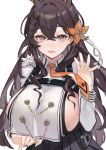  1girl absurdres animal_ears azur_lane bangs black_skirt blush braid breast_curtain breasts brown_hair chain chikuma_(azur_lane) collared_shirt commentary_request crossed_bangs dripping extra_ears flower hair_between_eyes hair_flower hair_ornament hand_up highres large_breasts long_hair long_sleeves looking_at_viewer mole mole_under_mouth necktie neckwear_lift orange_eyes orange_flower orange_necktie parted_lips pleated_skirt rabbit_ears see-through shirt sideboob simple_background skirt solo white_background zhudouzi 