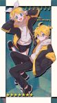  1boy 1girl ahoge anniversary bangs bare_legs black_jacket black_pants blonde_hair blue_eyes blush bow chromatic_aberration double_w eighth_note eyebrows_visible_through_hair hair_bow hair_ornament hairclip hands_in_pocket hands_up highres hood hoodie jacket kagamine_len kagamine_rin leg_up looking_at_viewer multicolored_clothes multicolored_jacket musical_note nzeneee open_mouth pants pixelated shoes short_ponytail shorts smile sneakers star_(symbol) swept_bangs two-tone_jacket vocaloid w white_hoodie 