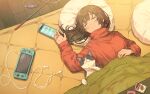  1girl animal bangs black_hair blush cat cellphone closed_eyes commentary_request earphones earphones eyebrows_behind_hair facing_viewer hand_up handheld_game_console highres indoors kotatsu long_hair long_sleeves lying on_back original parted_lips phone pillow red_sweater saino sleeping sleeves_past_wrists solo sweater table turtleneck turtleneck_sweater under_kotatsu under_table upper_body wooden_floor 