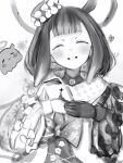 1girl asymmetrical_gloves blush bow facing_viewer gloves greyscale halo happy hat heart highres hololive long_hair mini_hat mismatched_gloves mole mole_under_eye monochrome nanashi_(nlo) ninomae_ina&#039;nis official_alternate_costume own_hands_together sleeve_bow smile solo tako_(ninomae_ina&#039;nis) tentacle_hair upper_body 