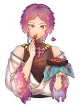  1boy black_shirt blush box box_of_chocolates commentary_request cropped_torso eating flame_print food heart holding holding_food jewelry male_focus misuguu necklace off_shoulder official_alternate_costume purple_hair ragnarok_online shirt short_hair simple_background solo sura_(ragnarok_online) upper_body violet_eyes white_background white_shirt 