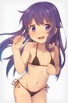  1girl akatsuki_(kancolle) bare_arms bare_legs bare_shoulders bikini black_bikini blush breasts collarbone cowboy_shot fang hair_between_eyes highres jabittoson kantai_collection long_hair navel open_mouth purple_hair revision reward_available simple_background skin_fang small_breasts solo swimsuit violet_eyes 