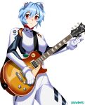  1girl absurdres ayanami_rei bangs blue_hair breasts daniaeru electric_guitar eyebrows_visible_through_hair gibson_les_paul gloves guitar highres holding holding_instrument instrument looking_to_the_side medium_breasts neon_genesis_evangelion pilot_suit plugsuit red_eyes short_hair smile solo twitter_username white_background white_gloves 