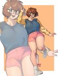  artist_name bangs blue_sweater border breasts brown_eyes brown_hair dated english_commentary eyebrows_behind_hair glasses highres large_breasts open_hands open_mouth orange_background original outside_border pink_shorts short_hair shorts smile snowcie snowciel sweater thick_thighs thighs white_border zoom_layer 