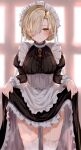  1girl apron azur_lane black_dress blonde_hair blurry blurry_background blush braid breasts buttons closed_mouth clothes_lift collar cropped_legs dress dress_lift french_braid frilled_apron frills garter_straps hair_over_one_eye indoors juliet_sleeves lifted_by_self long_sleeves looking_at_viewer maid maid_apron maid_headdress medium_breasts puffy_sleeves raru_(nanaharararu) sheffield_(azur_lane) solo thigh-highs white_apron white_legwear yellow_eyes 