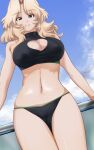 1girl bikini black_bikini blonde_hair blue_eyes blue_sky breasts cleavage_cutout closed_mouth clothing_cutout clouds cloudy_sky commentary_request cowboy_shot day dutch_angle eyebrows_visible_through_hair girls_und_panzer hair_intakes half-closed_eyes heart_cutout highres kay_(girls_und_panzer) large_breasts looking_at_viewer medium_hair navel outdoors sky smile solo standing swimsuit yoyokkun 