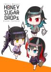  3girls alternate_costume bangs black_hair black_skirt black_sweater blue_eyes blue_hair blunt_bangs breasts bubble_tea chibi closed_mouth collared_shirt commentary_request cover cover_page cup demon_girl demon_horns demon_tail doujin_cover drinking_straw eyebrows_visible_through_hair flat_chest full_body grey_sweater highres holding holding_cup holding_suitcase horns ishimari juice_box kojo_anna large_breasts long_hair miniskirt multicolored_hair multiple_girls necktie open_mouth pointy_ears purple_hair purple_sweater red_eyes red_necktie redhead ryugasaki_rene shirt shishio_chris skirt small_breasts smile sugar_lyric suitcase sweater tail twintails two-tone_hair virtual_youtuber white_shirt yellow_eyes 