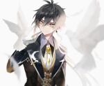  1boy bangs be8_jacky bird black_gloves black_hair brown_hair closed_mouth coat english_commentary feathers genshin_impact gloves hair_between_eyes highres jewelry long_hair long_sleeves male_focus multicolored_hair necktie ponytail signature upper_body white_bird white_necktie yellow_eyes zhongli_(genshin_impact) 