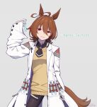  1girl agnes_tachyon_(umamusume) ahoge animal_ears black_legwear black_necktie black_shirt brown_hair character_name collared_shirt cowboy_shot earrings empty_eyes grey_background highres horse_ears horse_girl horse_tail jewelry labcoat messy_hair nakaaki_masashi necktie pantyhose parted_lips red_eyes shirt short_hair simple_background single_earring sleeves_past_fingers sleeves_past_wrists solo sweater sweater_vest tail test_tube umamusume yellow_sweater 