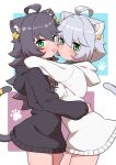  2girls :p absurdres ahoge animal_ear_fluff animal_ears bangs black_hair black_hoodie cat_ears cat_girl cat_tail clothes_writing collar commentary_request ear_piercing eyebrows_visible_through_hair frown green_eyes grey_hair hair_between_eyes highres hood hood_down hoodie hug long_hair long_sleeves looking_at_viewer mole mole_under_eye mole_under_mouth multiple_girls ngetyan original piercing renge_(ngetyan) ringe_(ngetyan) siblings simple_background sisters tail tail_ornament tail_ring tongue tongue_out white_hoodie 