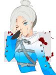  alternate_hairstyle apex_legends bangs belt blood blood_on_face blood_splatter blue_eyes blue_jacket breasts english_commentary flashpoint_wraith gradient gradient_jacket grey_belt grey_hair hair_behind_ear highres itsaboutspoons jacket looking_at_viewer medium_breasts official_alternate_costume one_eye_closed parted_bangs white_jacket wraith_(apex_legends) 