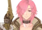  1boy bangs belt belt_collar brown_belt brown_coat brown_gloves coat collar commentary_request gloves gun gunslinger_(ragnarok_online) hair_between_eyes hair_over_one_eye handgun holding holding_gun holding_weapon looking_at_viewer male_focus medium_hair misuguu parted_lips pink_eyes pink_hair ragnarok_online revolver simple_background smile solo upper_body weapon white_background 