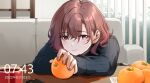  1girl absurdres bangs black_sweater blush brown_hair cellphone closed_mouth couch cup dated day eyebrows_visible_through_hair fingernails food fruit hair_between_eyes highres higuchi_madoka holding holding_food holding_fruit idolmaster idolmaster_shiny_colors indoors kotatsu lipstick long_sleeves looking_at_viewer makeup mandarin_orange mole mole_under_eye nail_polish nonbire outdoors phone pink_nails short_hair smartphone smile solo sweater table timestamp upper_body 