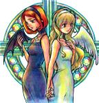  1014 2girls akuma_to_love_song angel_and_devil angel_wings back-to-back black_choker black_dress black_hairband blonde_hair breasts brown_eyes choker cross cross_necklace demon_wings dress feathered_wings hairband holding_hands interlocked_fingers jewelry kawai_maria_(akuma_to_love_song) mouri_anna multiple_girls necklace orange_hair red_eyes stained_glass white_choker white_dress white_hairband wings 