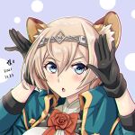  1girl animal_ears artist_name black_gloves blonde_hair blue_eyes dated eyebrows_visible_through_hair flower gloves hair_between_eyes hairband highres kantai_collection military military_uniform official_alternate_hair_length official_alternate_hairstyle open_mouth portrait red_flower red_ribbon red_rose ribbon rose short_hair signature solo tiara tiger_ears tk8d32 uniform victorious_(kancolle) 