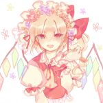  1girl ascot bangs blonde_hair blush bow crystal eyebrows_visible_through_hair flandre_scarlet flower frilled_shirt frilled_shirt_collar frilled_sleeves frills hair_between_eyes hat hat_flower hat_ribbon mob_cap one_side_up open_mouth puffy_short_sleeves puffy_sleeves red_bow red_eyes red_ribbon red_vest ribbon shirt short_hair short_sleeves solo sorani_(kaeru0768) teeth touhou upper_teeth vest white_background white_shirt wings wrist_cuffs yellow_ascot 